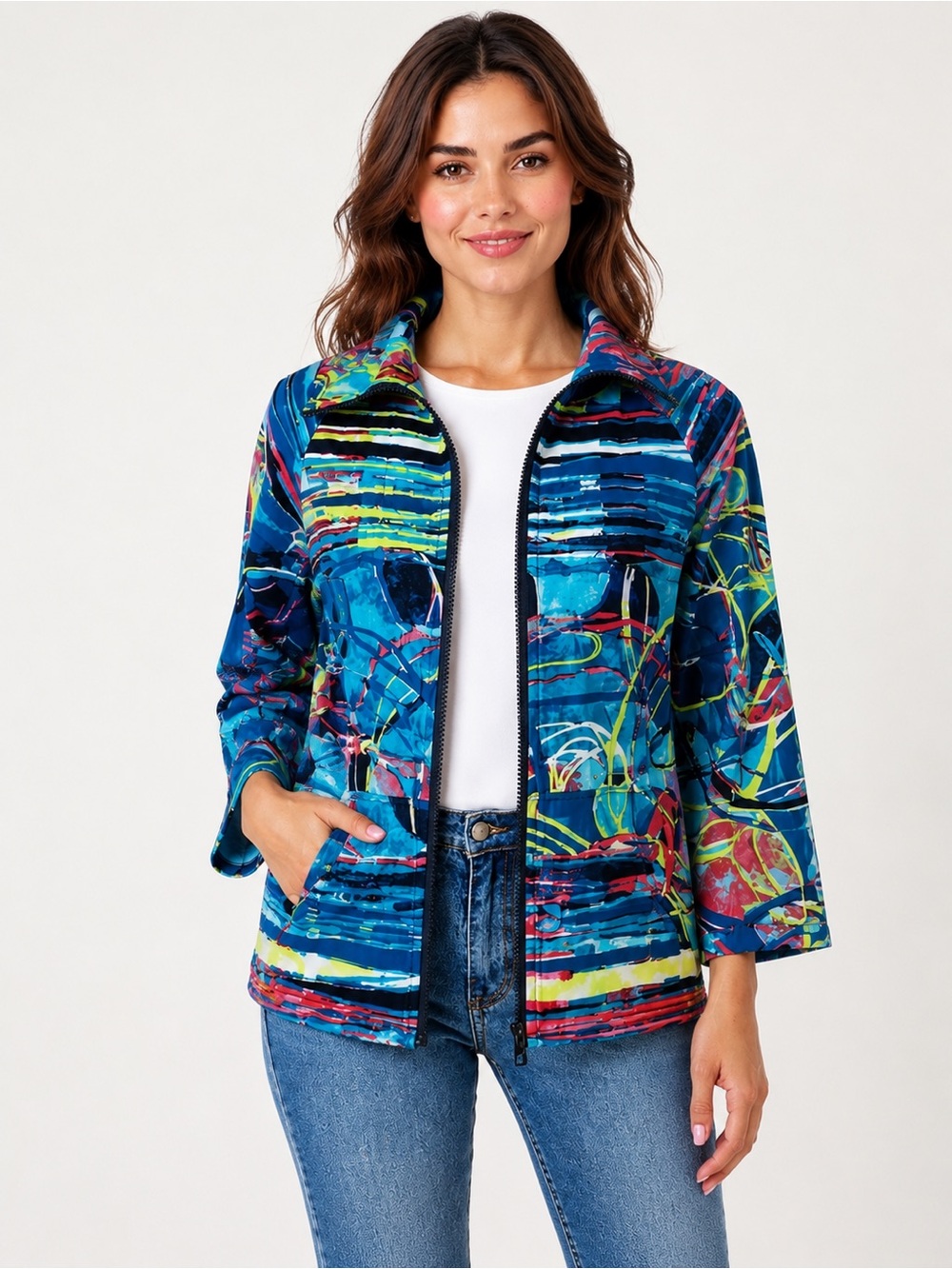 Parsley & Sage Wearable Art jersey Jacket Abstract Print Colorful Zip up Small